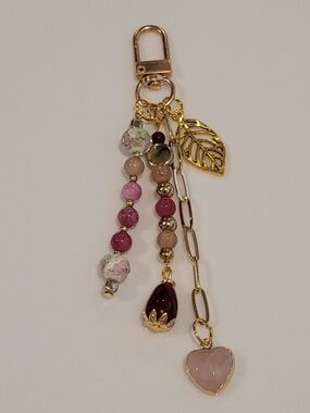 New Pink Bead and Gold Leaf Charm Bag Charm / Keychain